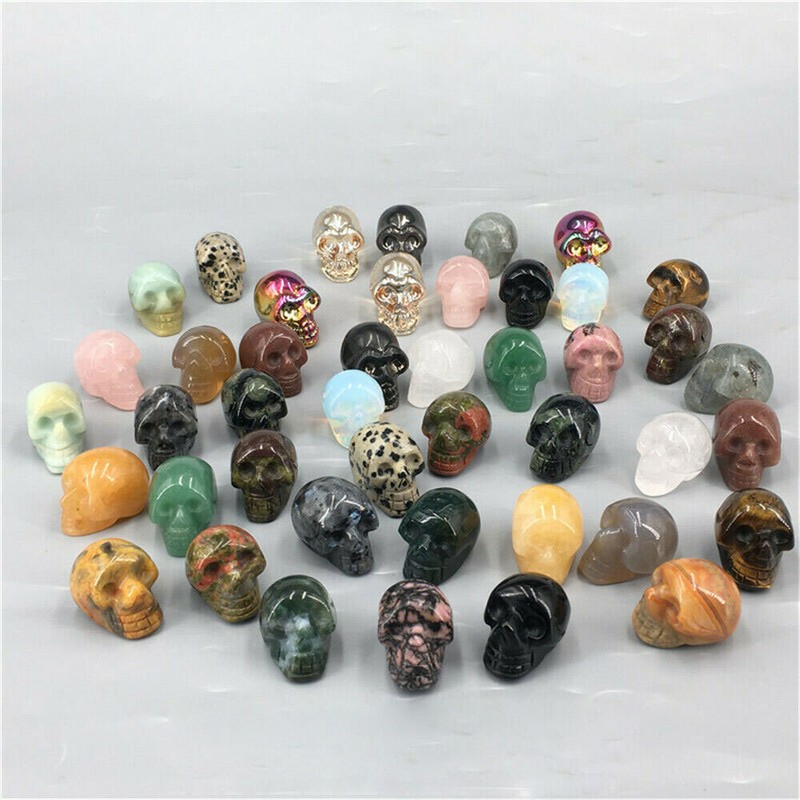 2" Flame Stone Pink Quartz Crystal Skull Obsidian Halloween Malachite Polished gallery