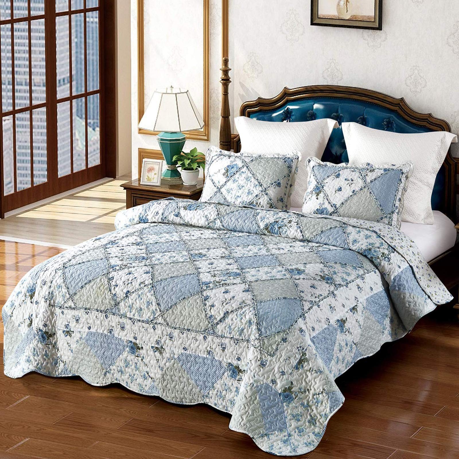 Blue Floral Patchwork Quilt Set, Full Queen Size, 3 Piece Bedding Set with 2 ... gallery