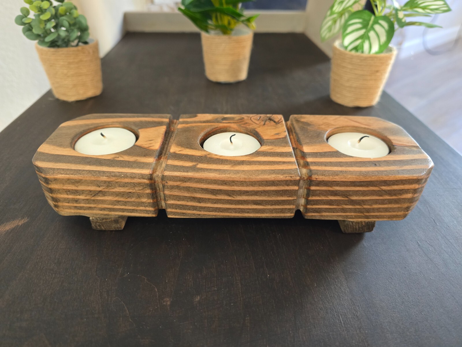Tealight Candle Holder Hand Crafted Rustic Reclaimed Wood Dark Walnut Stained gallery