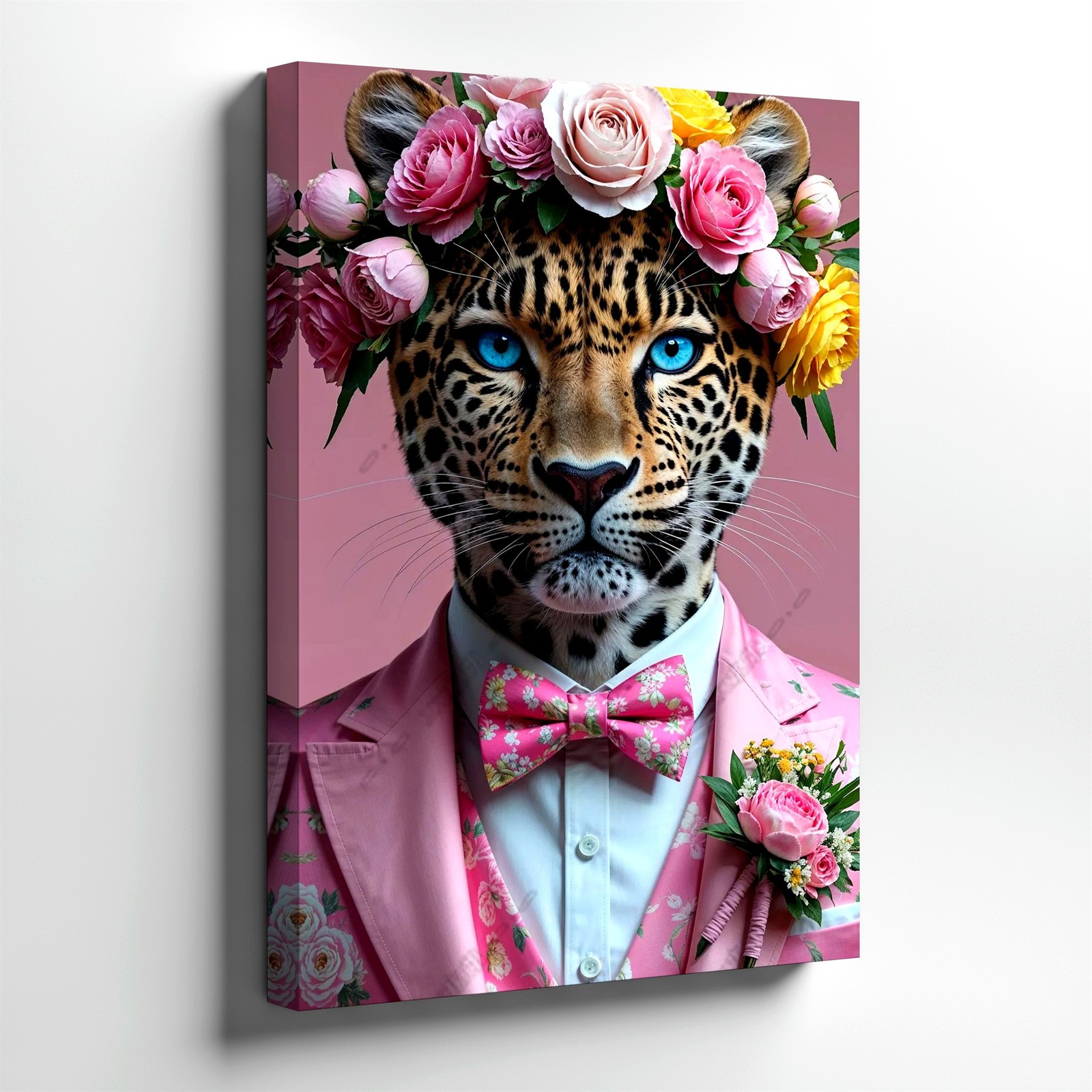 Wall Art Leopard Portrait In Pink Floral Suit Blue Eyes Flower Crown For Decor gallery