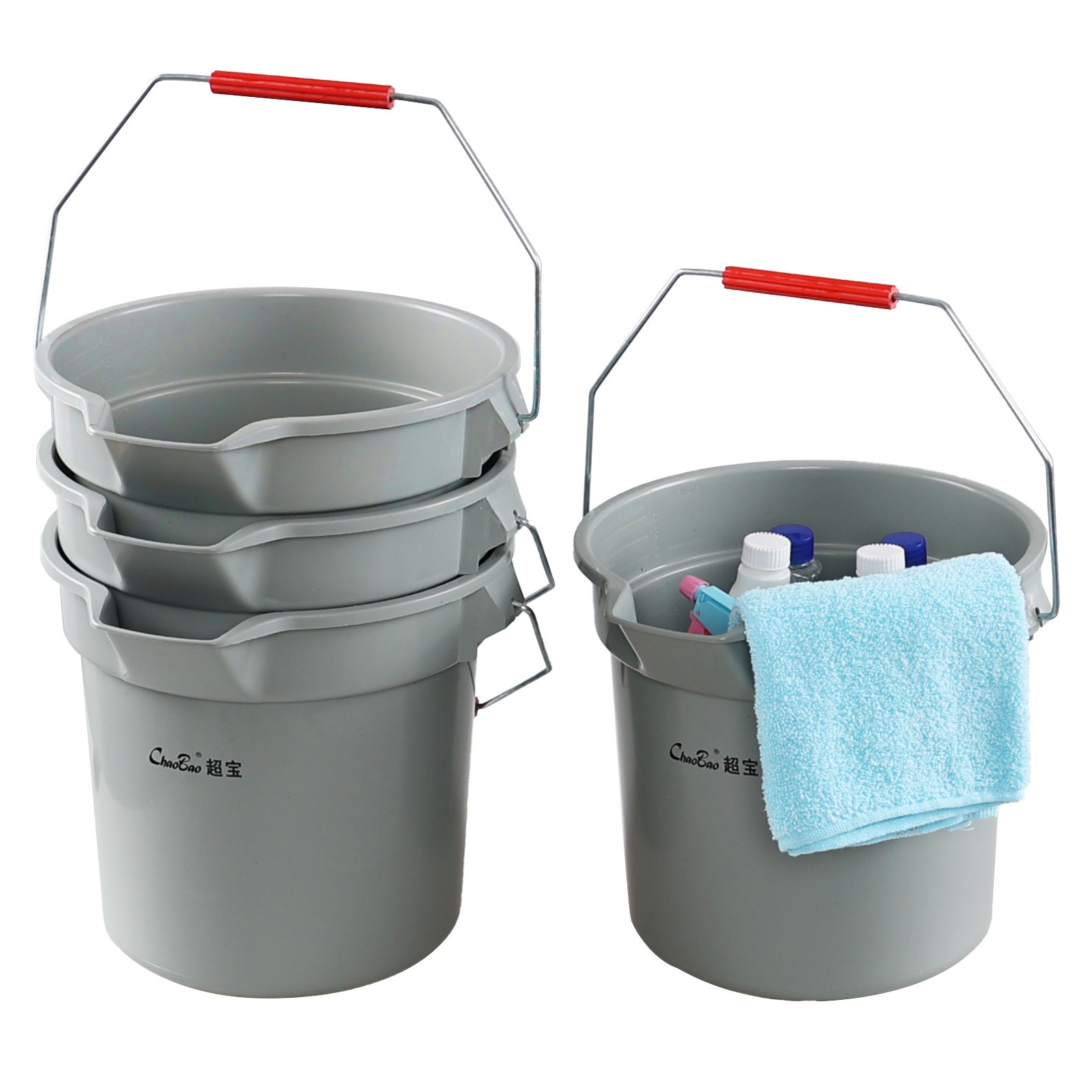 Ewingger 4 Pack 14 Qt Round Plastic Cleaning Buckets with Handles, Grey gallery