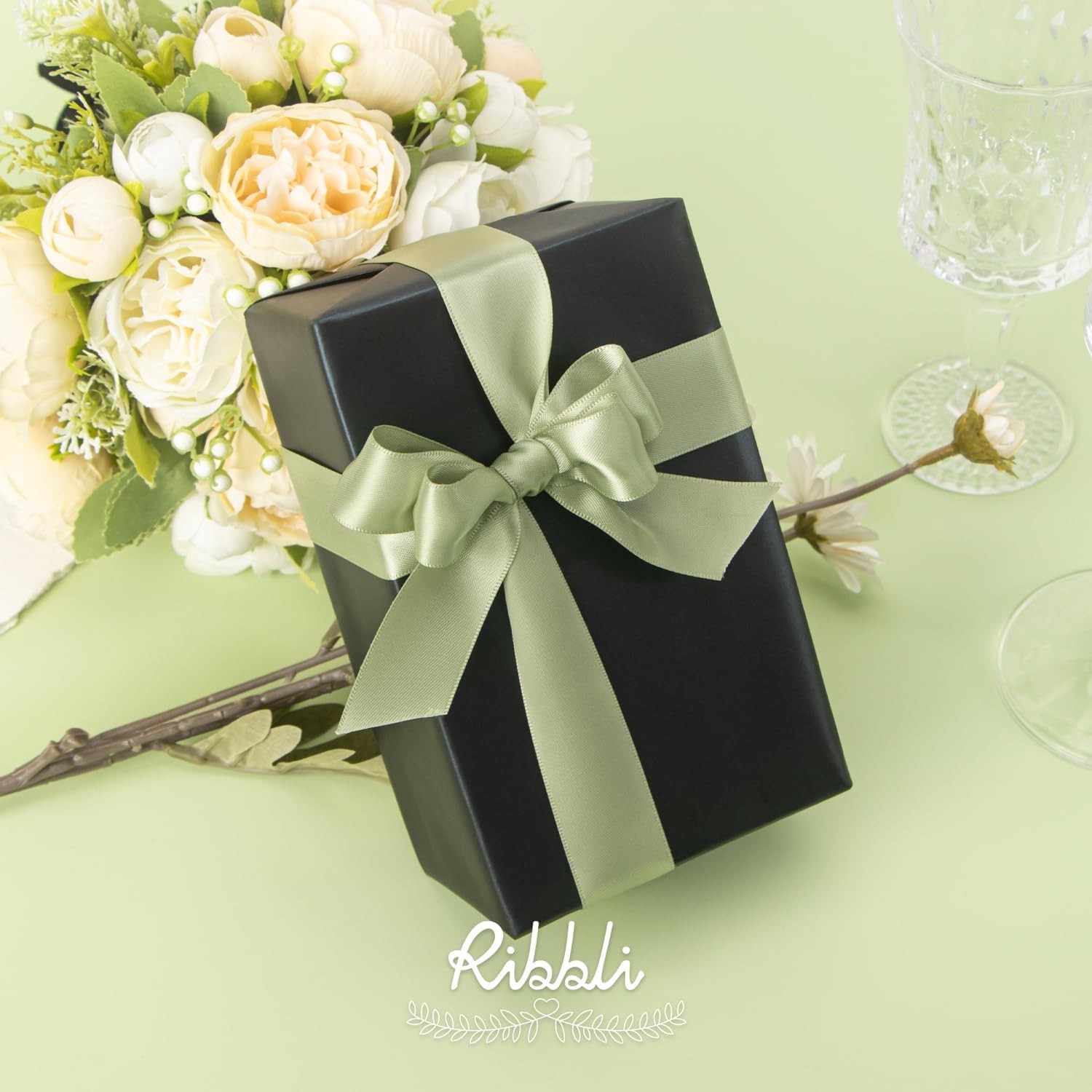 Ribbli Dusty Sage Satin Ribbon Double Faced 1 Inch x Green gallery