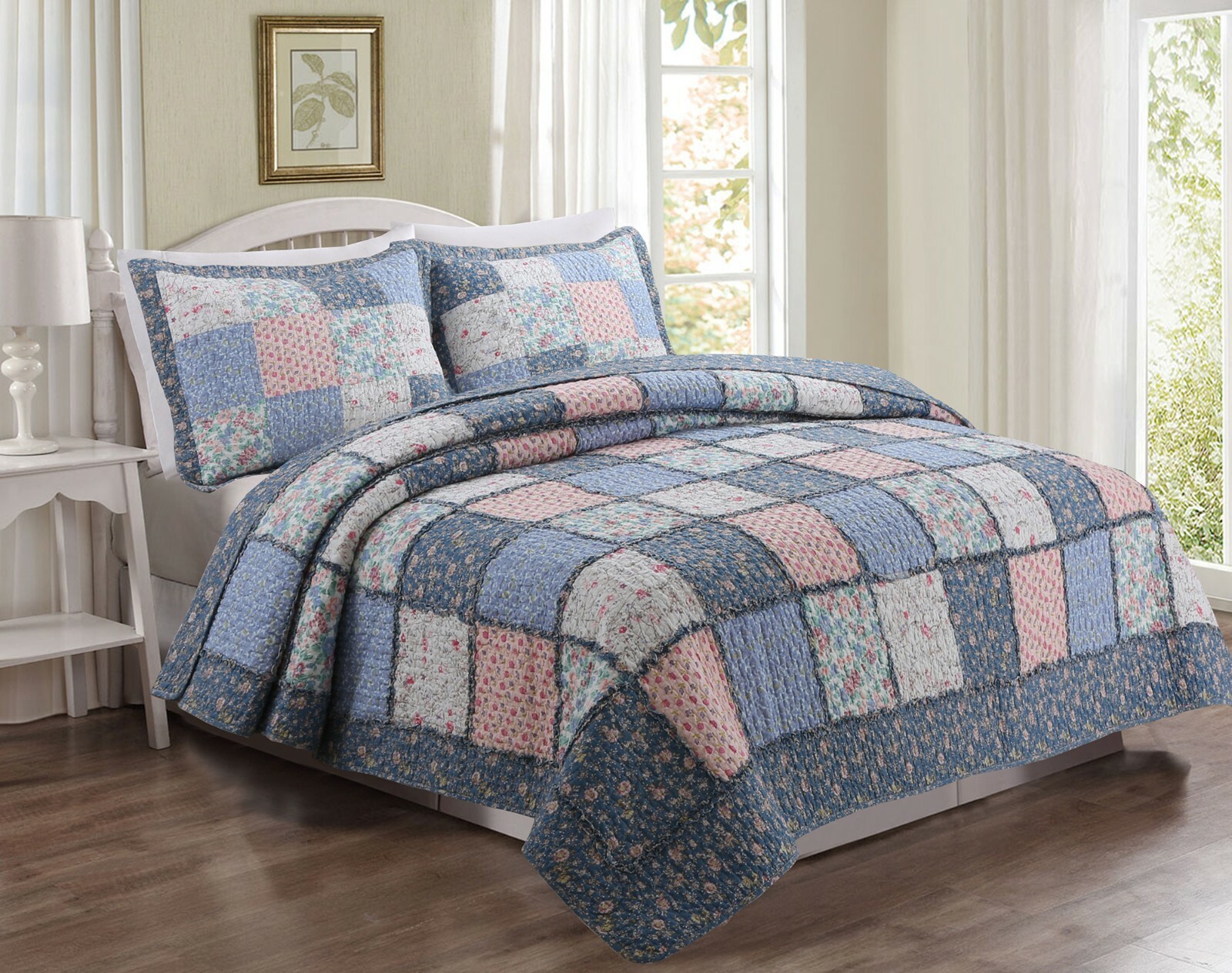 Mraz Blue&Red Real Patchwork 100%Cotton 3-Piece Quilt Set, Bedspread, Coverlet gallery