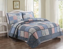 Mraz Blue&Red Real Patchwork 100%Cotton 3-Piece Quilt Set, Bedspread, Coverlet