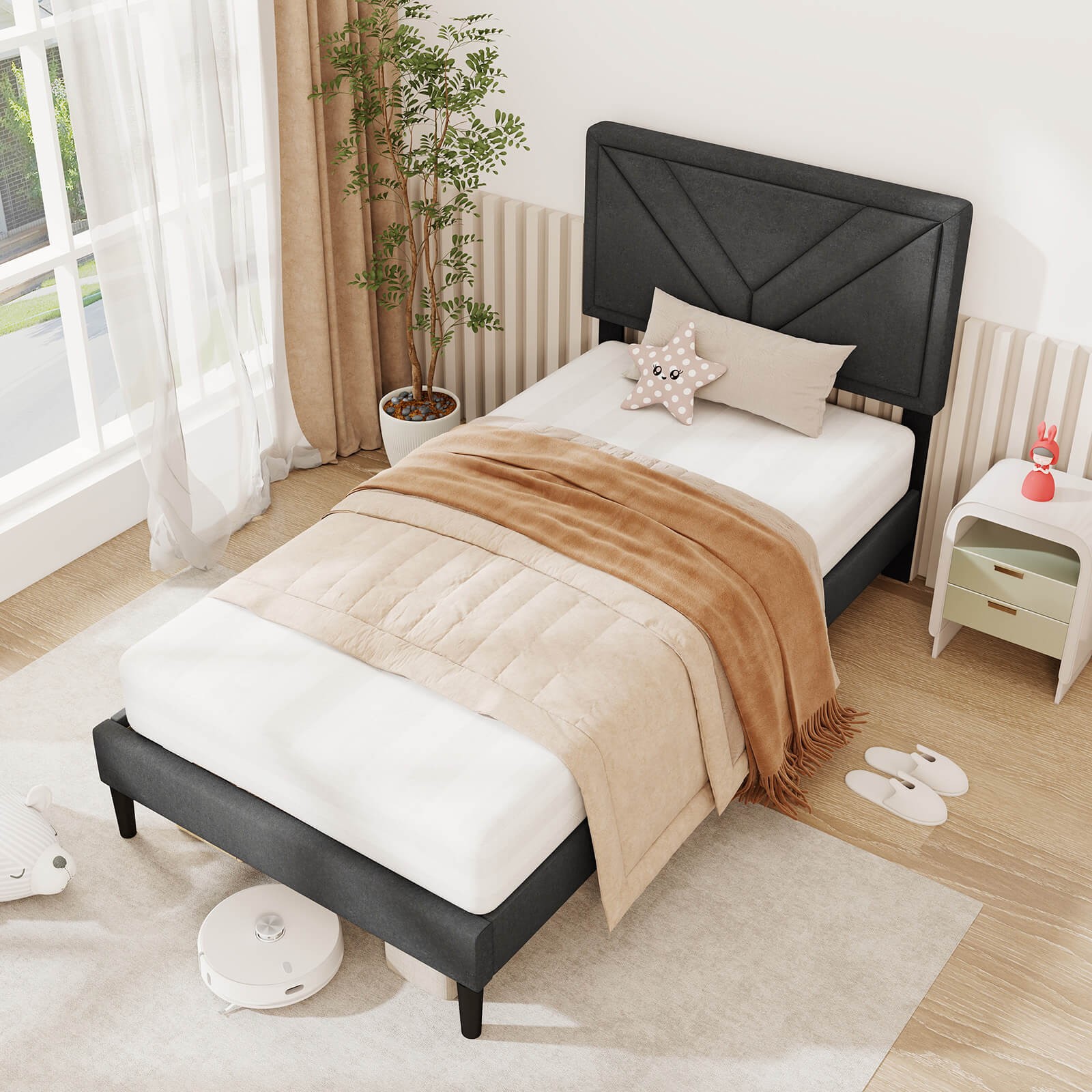 Twin Size Bed Frame w/ Tu'ed Headboard & Wooden Slats Easy Assembly gallery