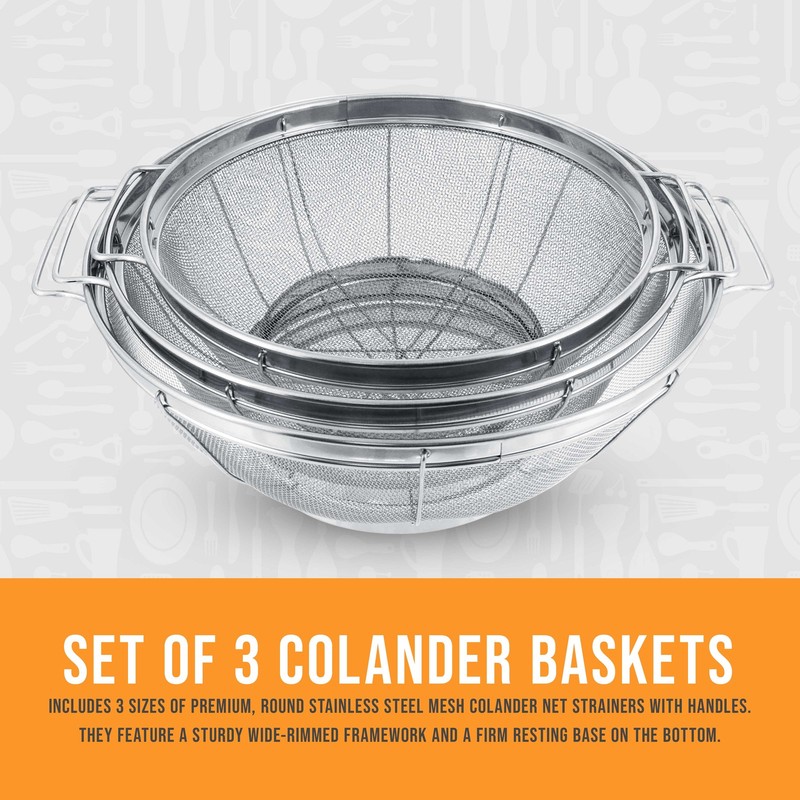 U.S. Kitchen 3pc Colander Set, Stainless Steel Mesh Strainer Net Baskets 3 4 5qt gallery