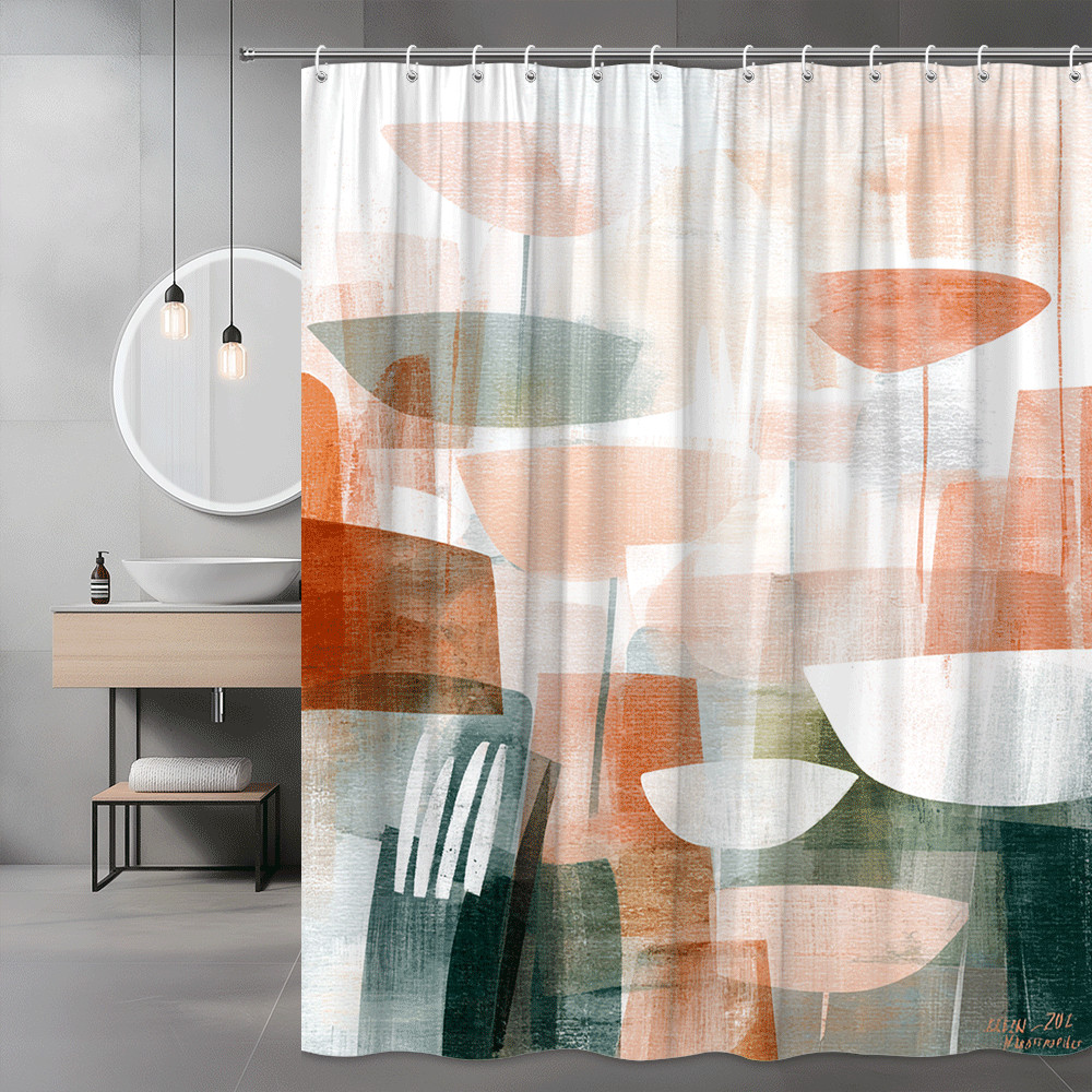 Abstract Geometric Shower Curtain in Peach Green and White gallery