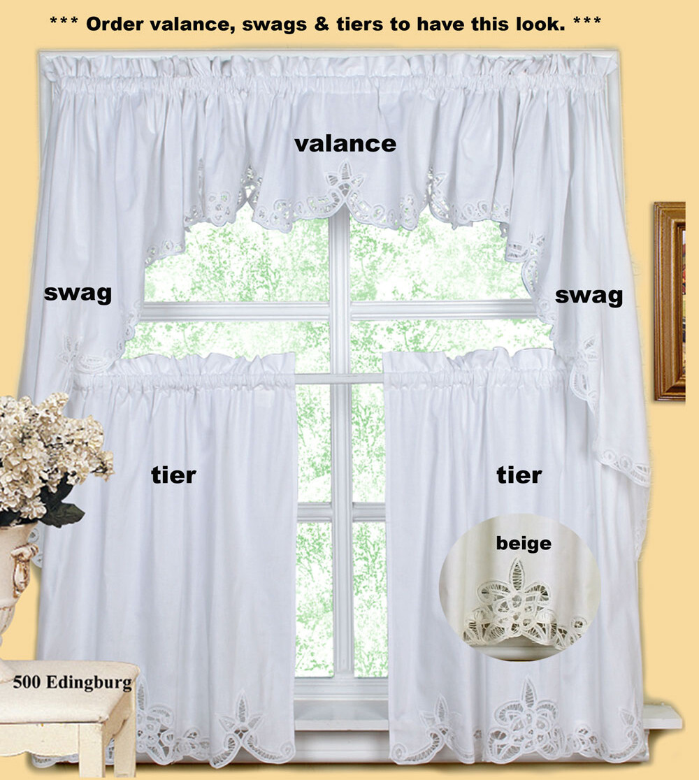 Creative Linens Battenburg Kitchen Curtain Valance Tier Swag White Beige gallery