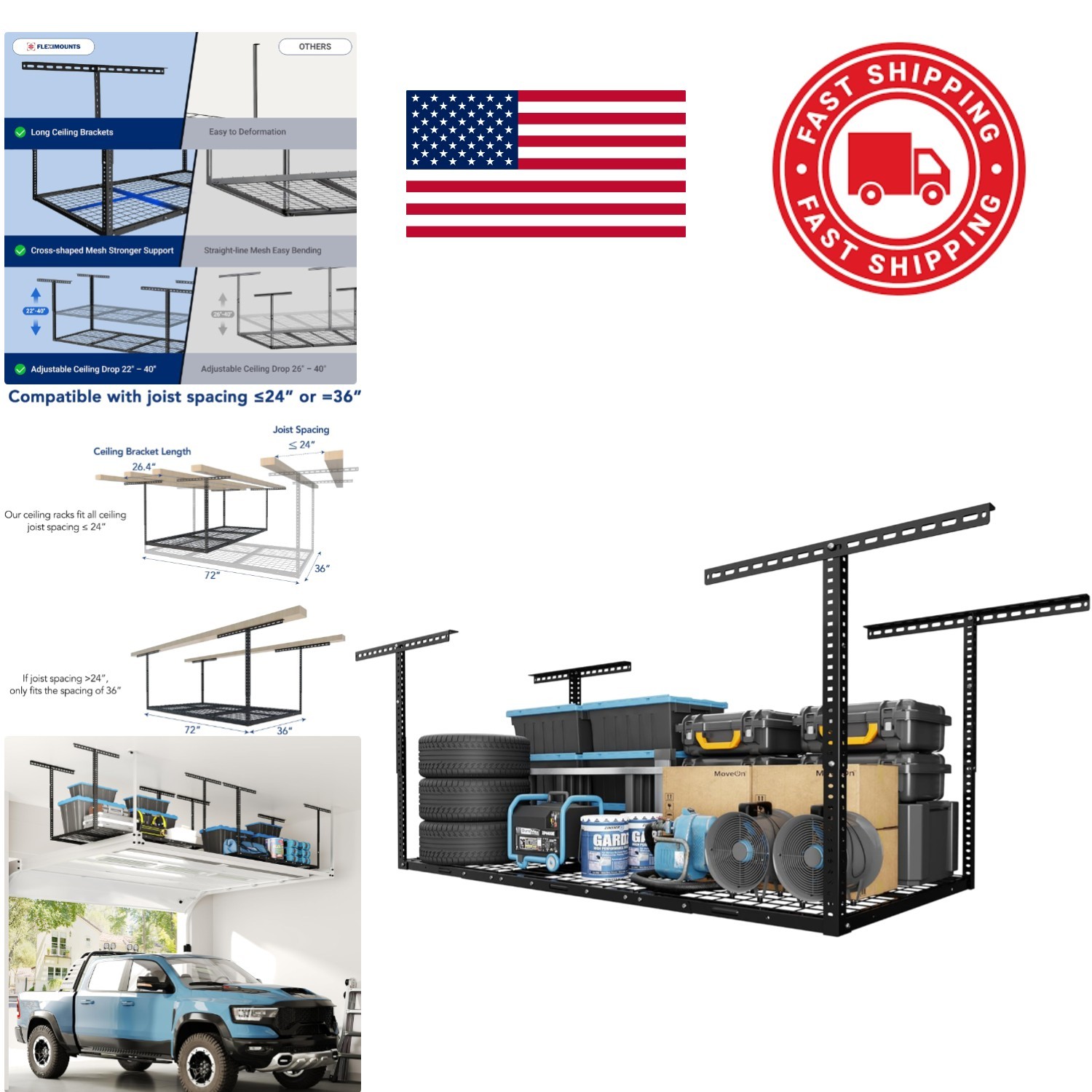 Overhead Garage Storage Rack 3x6 Feet Black Metal Adjustable 450 Pounds Capacity gallery