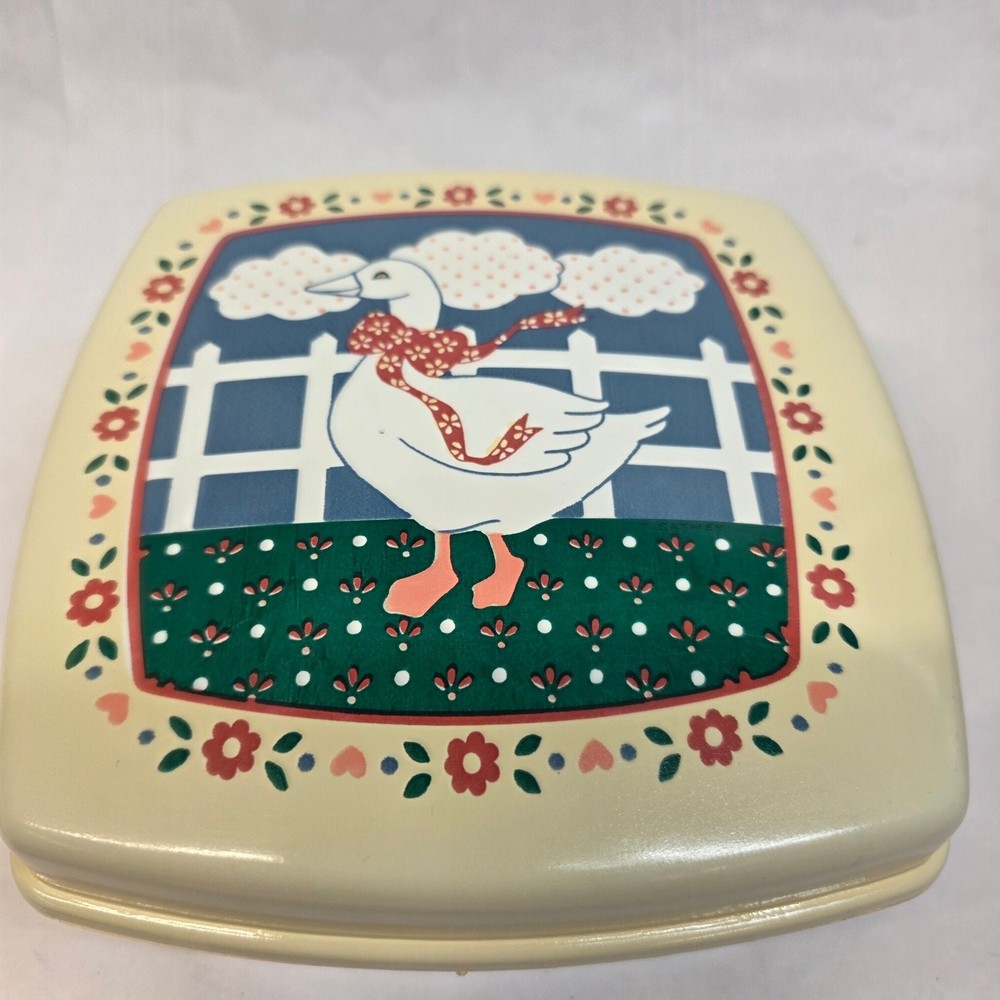 Ullman Co Plastic Storage Container 6x6 Blue Cream Country Geese USA, Vintage