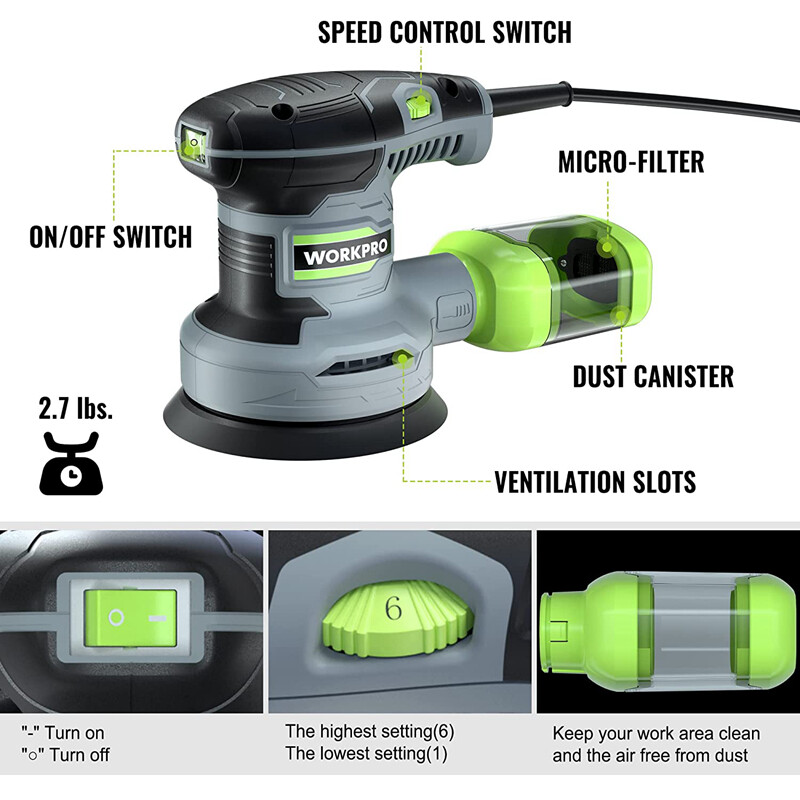 WORKPRO 5" Random Orbit Sander 6 Variable Speeds Sander 7000 to 14000 RPM 2.5Amp gallery