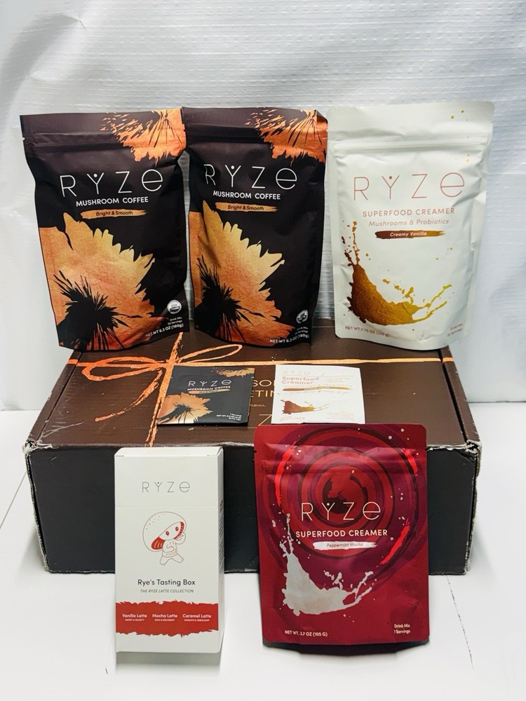 RYZE Coffee Ritual Set Kit Bundle Mushroom Creamers Latte Wood Canister Spoons