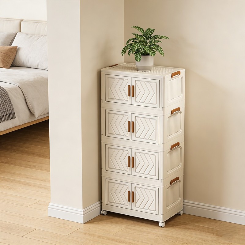 (White)4 Tier Stackable Storage Bins with Lids Doors Wheels Storage Drawer (Whit gallery