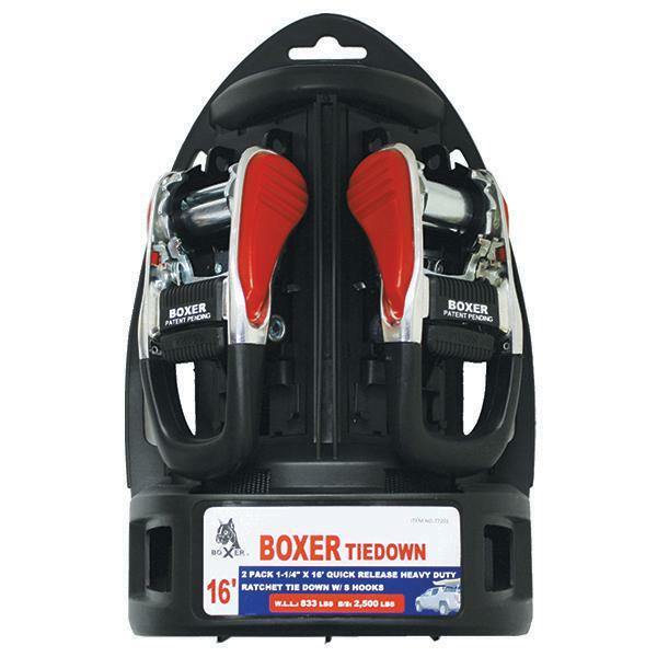 Boxer 2 Pc 1-1/4” x 16’ Quick Release HD Ratcheting Tie Down w/ S Hooks 2500 lbs gallery