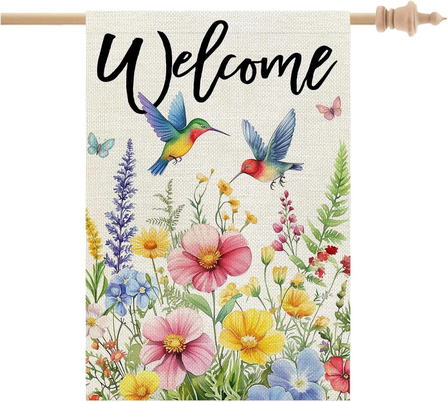 CROWNED BEAUTY Spring House Flag Floral Hummingbirds Double Sided 28x40 Inches gallery