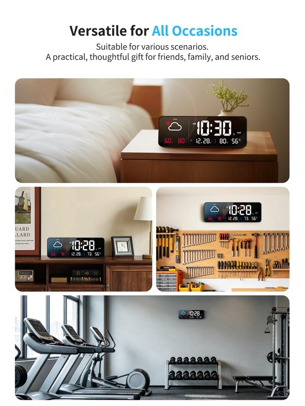 Large Digital Wall Clock with Auto-Sync, LED Alarm, Weather & Temp Display gallery