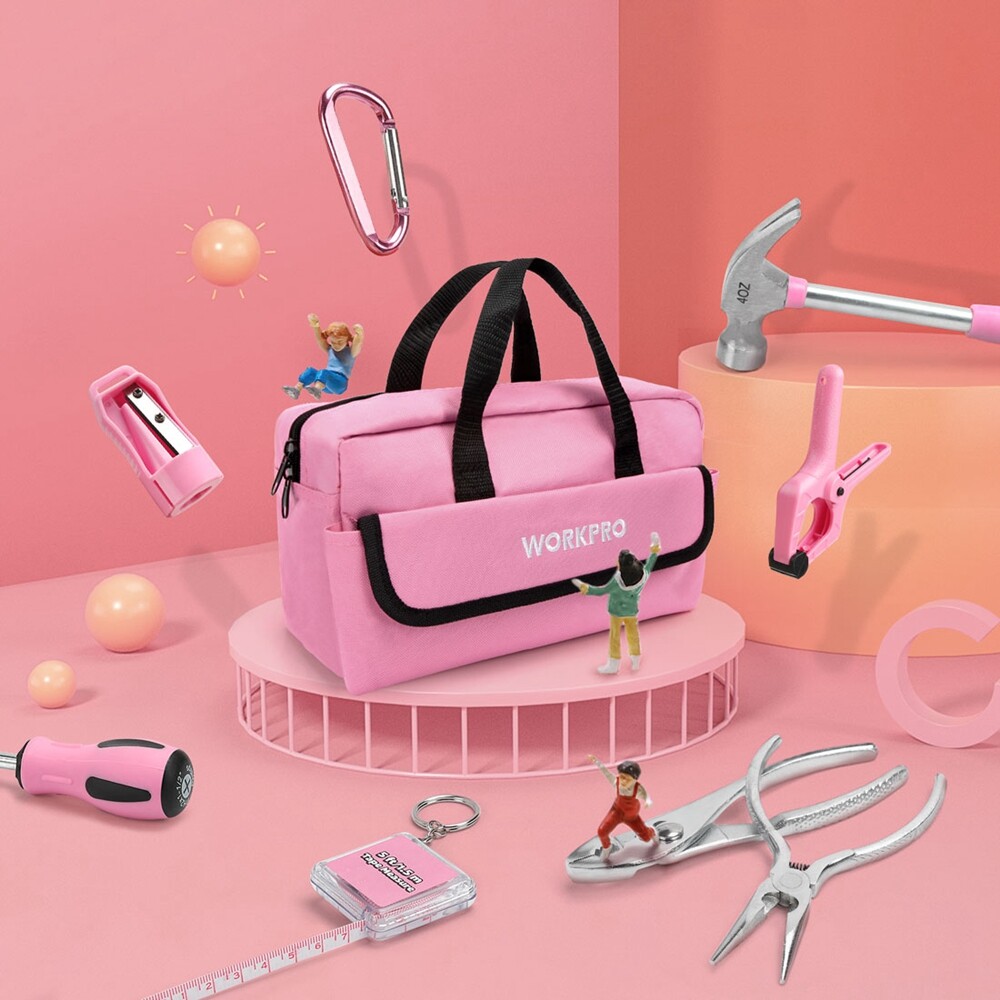 WORKPRO 23 Pieces Pink Kid Tool Kit Real Home DIY Woodworking Hand Tool With Bag gallery