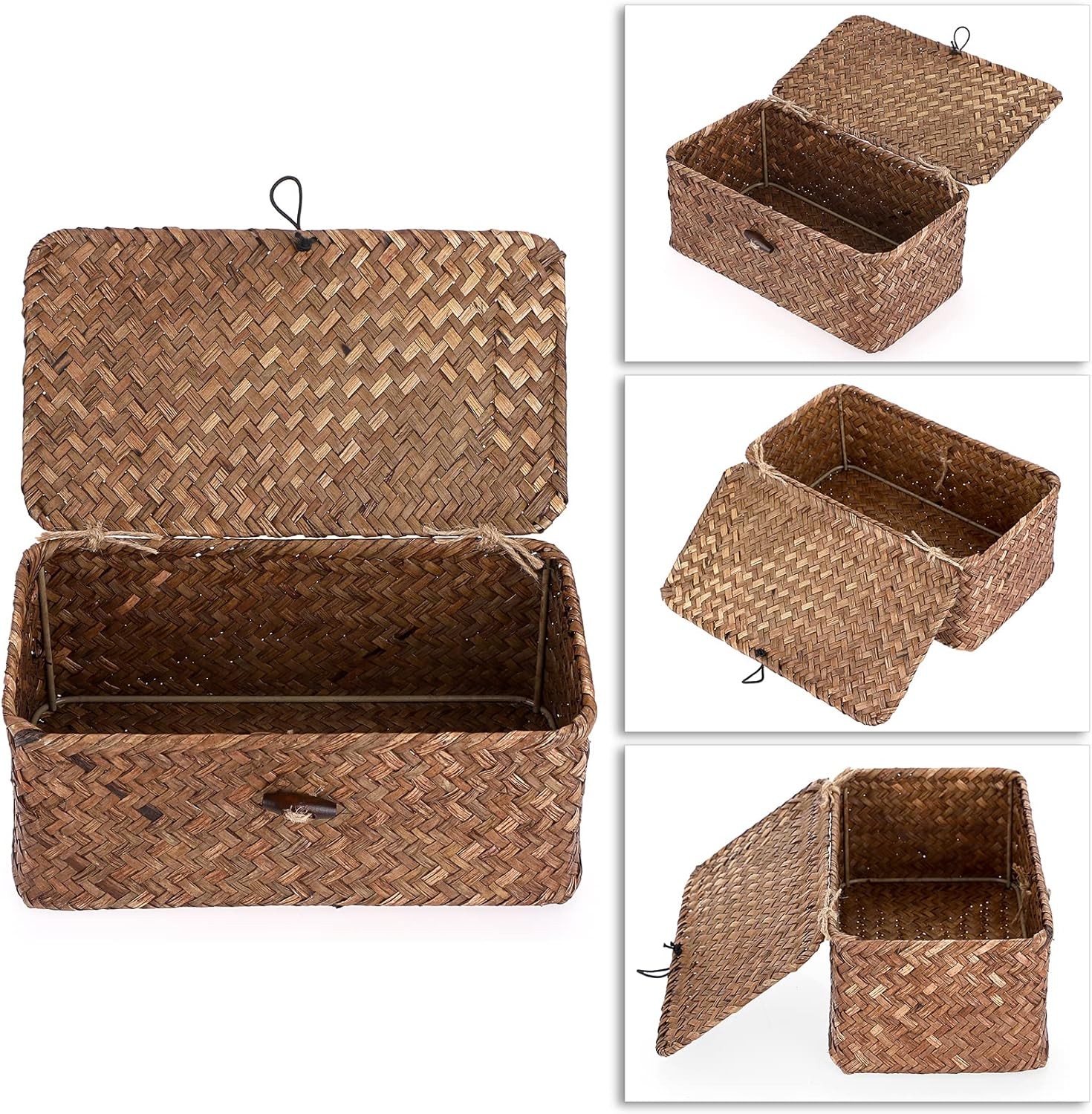 Wicker Shelf Baskets Bin with Lid, Handwoven Seagrass Basket Storage Bins gallery