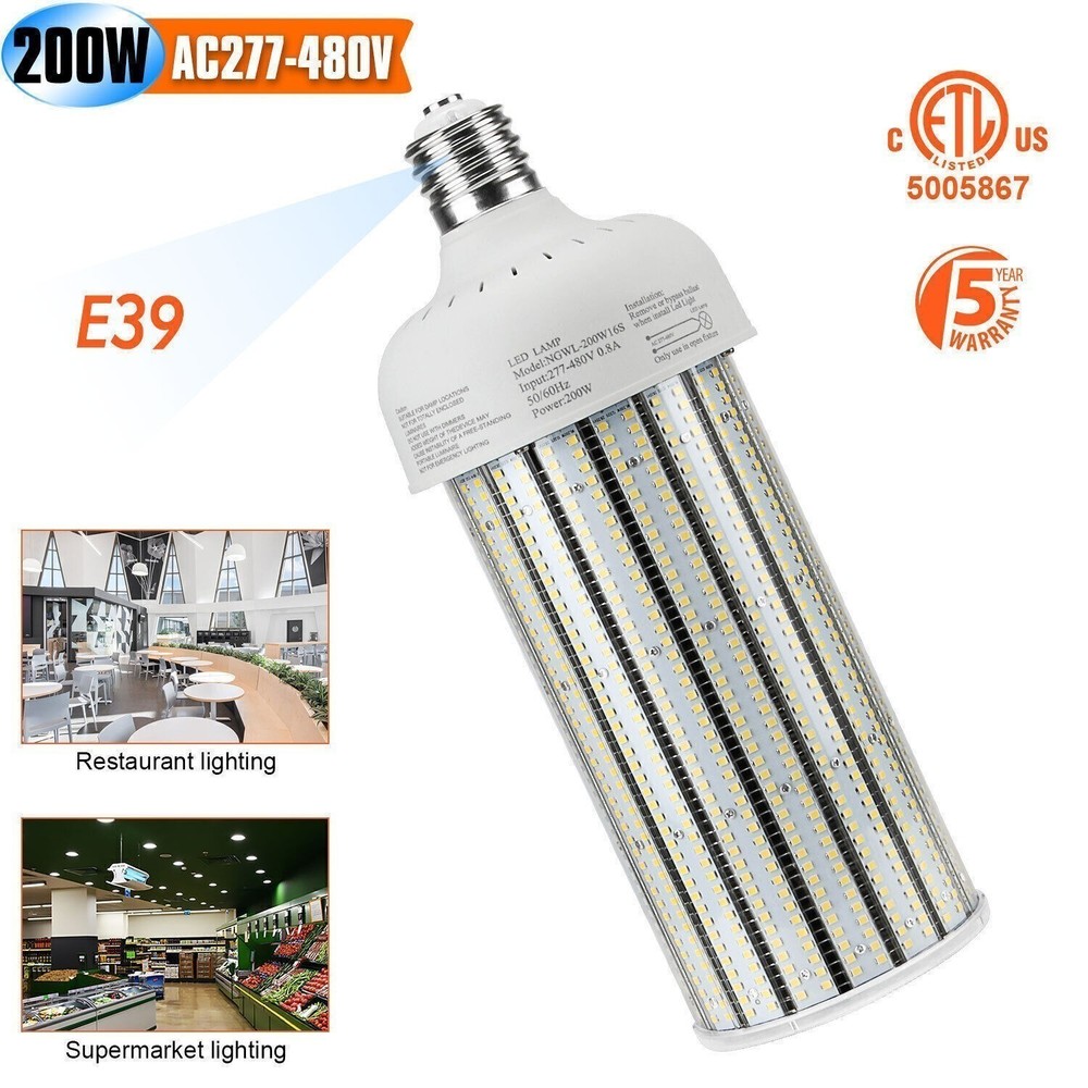 277~480V LED Corn Bulbs Light 200W E39 Mogul Base 6000K Replace 1000W MH HPS HID