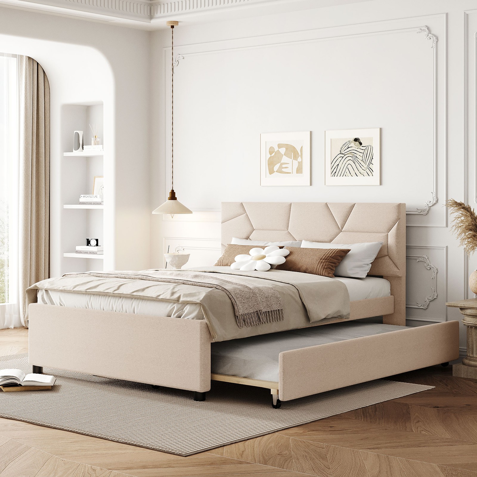 Full Size Upholstered Platform Bed with Brick Pattern Headboard and Twin Size Tr gallery