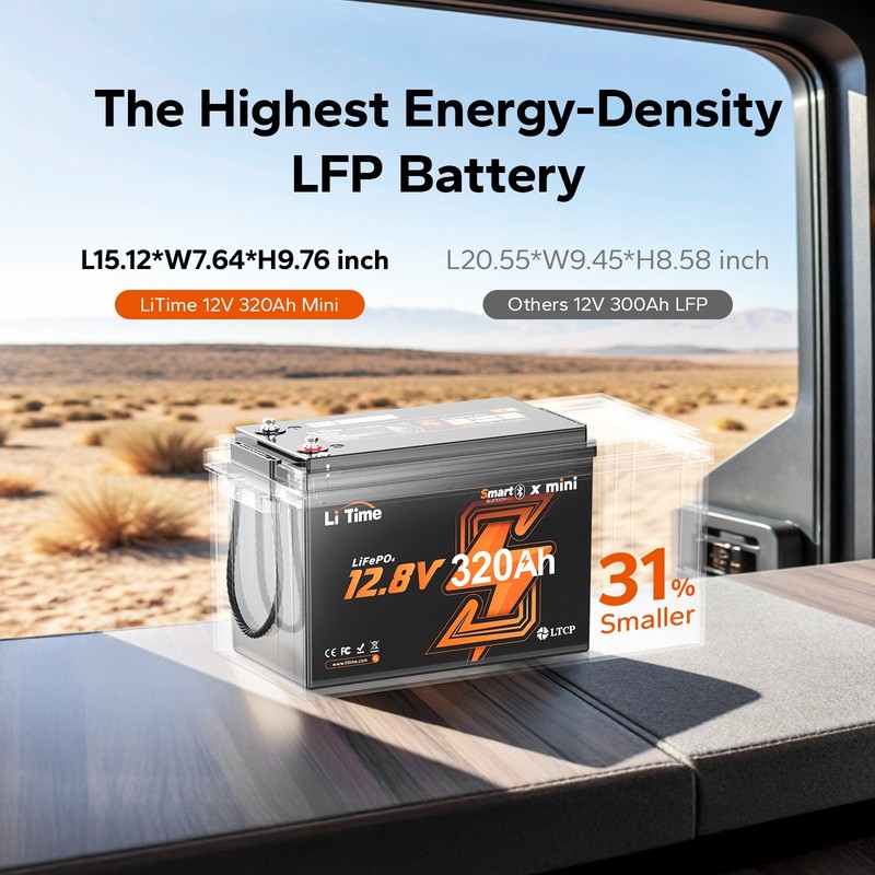 LiTime 12V 320Ah mini Bluetooth Lithium LiFePO4 Battery 200A BMS For RV Marine gallery