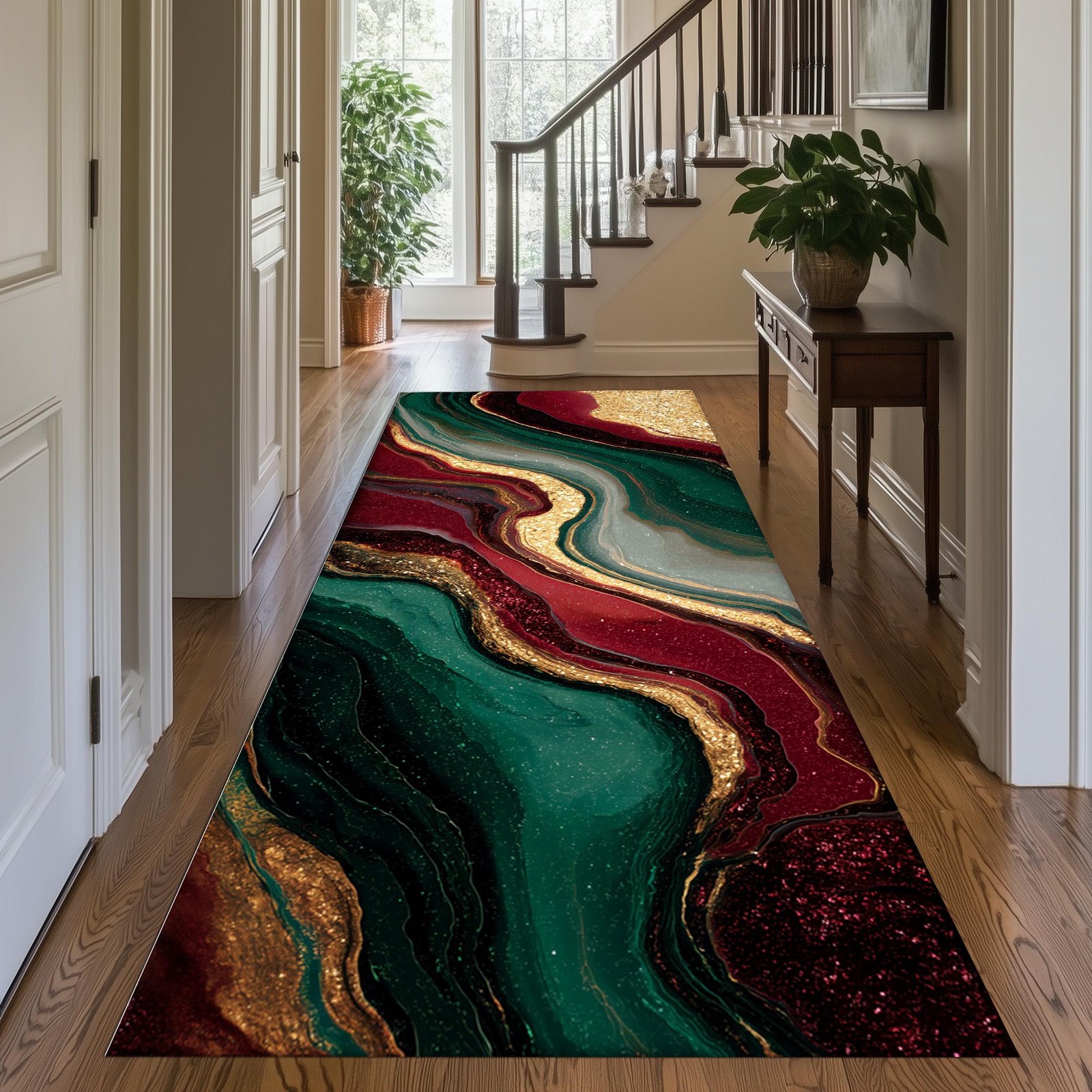 Red Green Gold Marble Runner Rug Festive Christmas Decor gallery