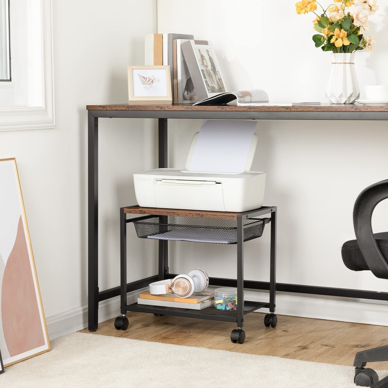 Rustic Brown 2Tier Under Desk Printer Stand Mobile Cart Wheels BF12PS01 gallery