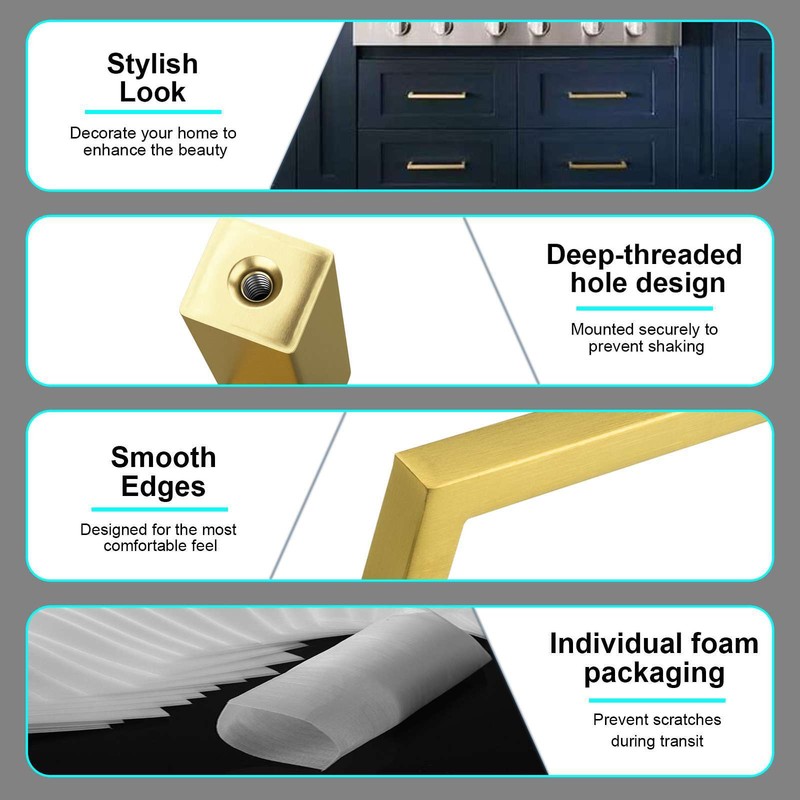 Brushed Gold Kitchen Square Cabinet Handles Drawers Pulls Knobs Stainless Steel gallery