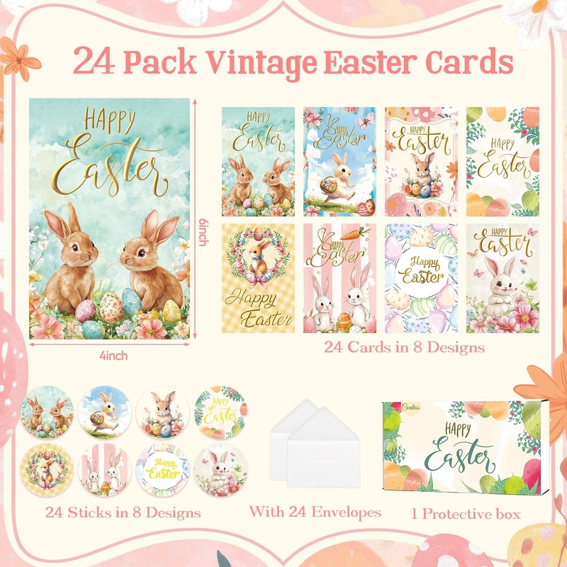 24 Pack Gold Foiled Vintage Bulk Easter Cards with 4 x 6 inches, Pink gallery