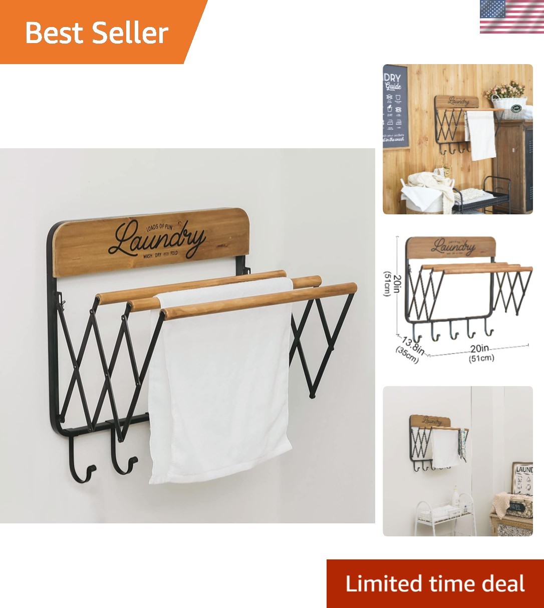 Elegant Accordion Laundry Rack: Space-Saving Wall-Mounted 3-Bar Drying Solution gallery