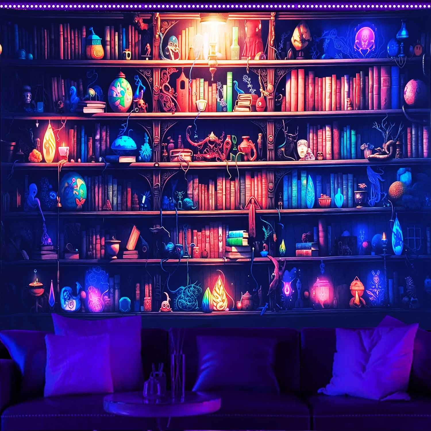 UV Reactive Blacklight Tapestry Bookshelf Fantasy Magic Bookcase Art 80x60" gallery