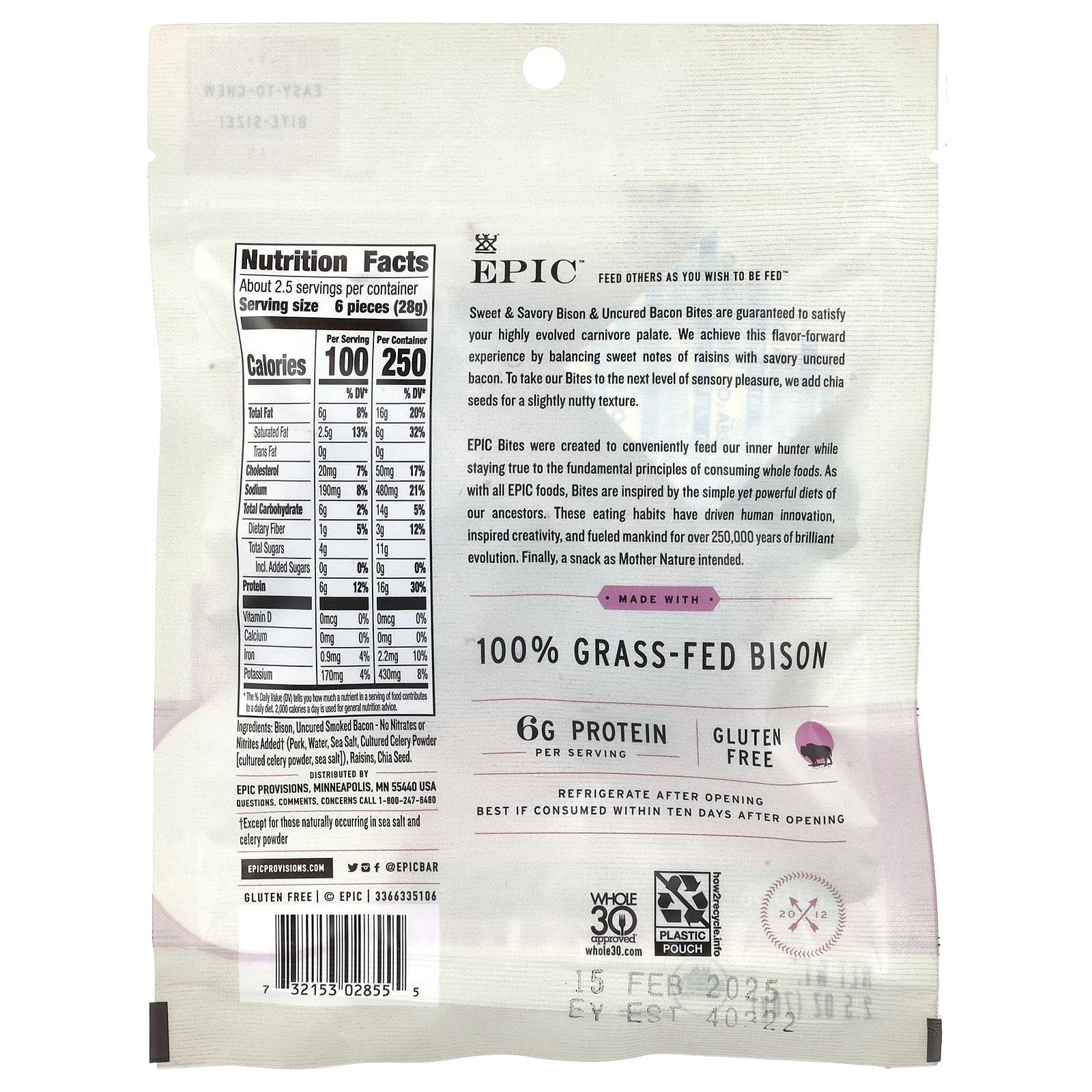 Epic Bar Bites Bison Uncured Bacon Sweet Savory 2 5 oz 71 g Gluten-Free gallery