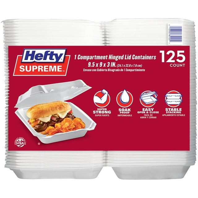 Hefty Supreme Foam Hinged Lid Containers 250 Ct (2 x 125) 1-Compartment To-Go Fo gallery