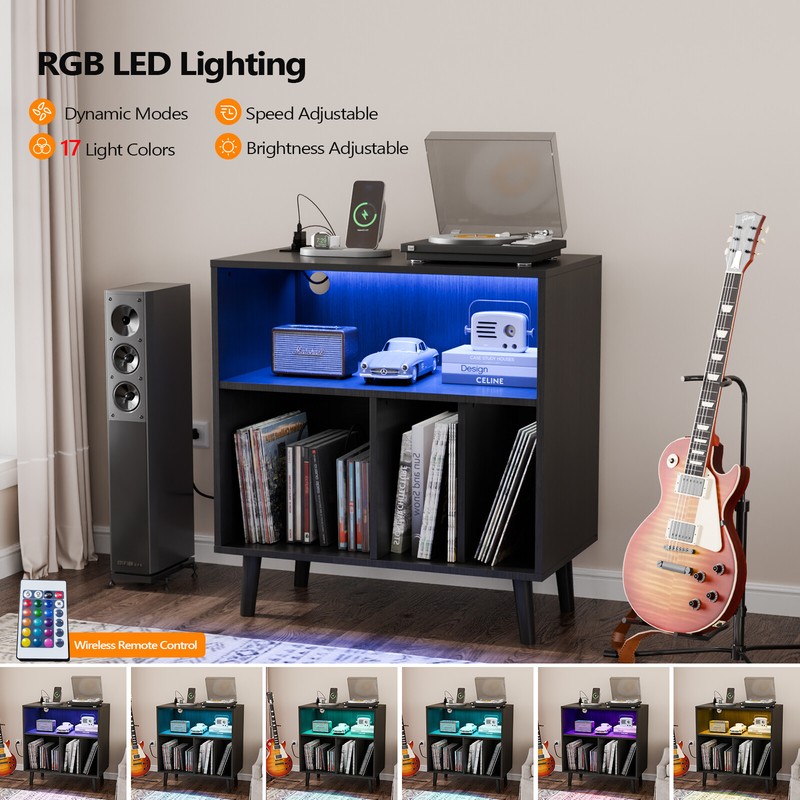 Vinyl Record Player Table with Power Outlet & LED Light for Living Room Bedroom gallery