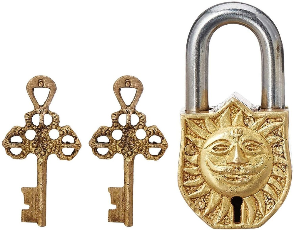 Door Lock Padlock with Surya Sooraj Dev Sun God Relief Sculpted in Brass