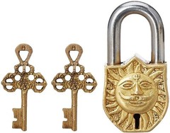 Door Lock Padlock with Surya Sooraj Dev Sun God Relief Sculpted in Brass