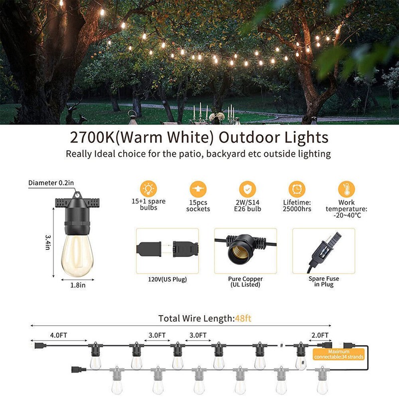 27/48/96Ft String Lights X-mas Decor S14 LED Warm for Outdoor Garden Patio Yard gallery