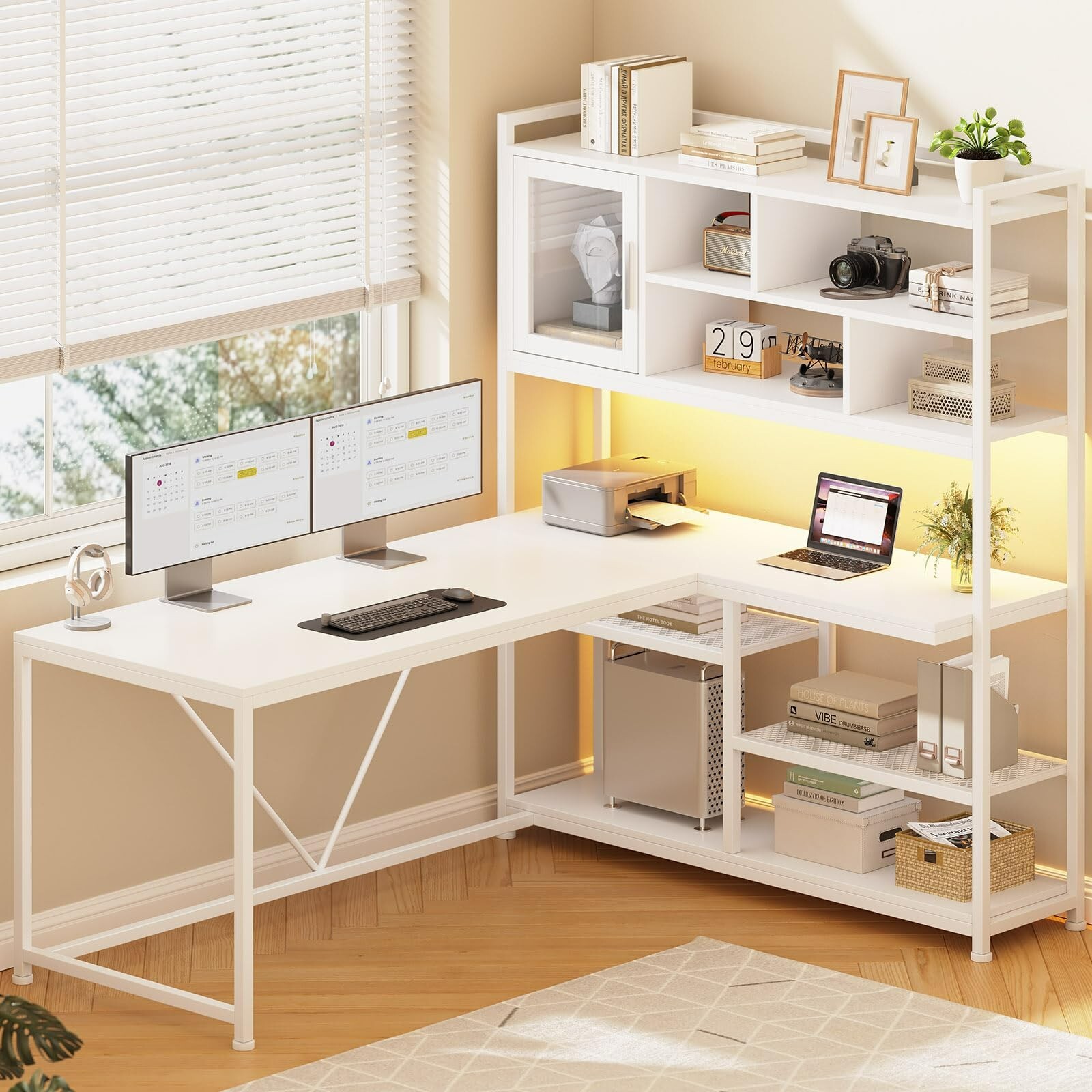 L Shaped Computer Desk Home Office Corner Study Table with LED Light & Bookshelf gallery