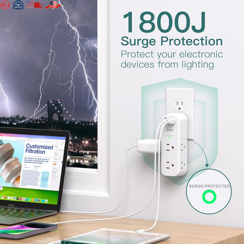 Multiple Plug Outlet Extender, 6 Wall Outlets and 3 USB Ports (2 USB C), Multi O gallery