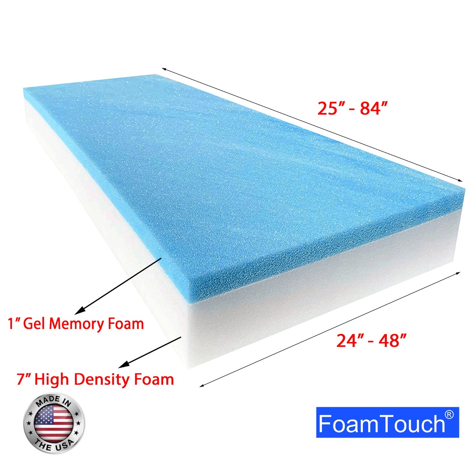 FoamTouch 8" Gel Memory Foam RV Mattress Custom Cut 24-48 Wide 25-84 Long White gallery