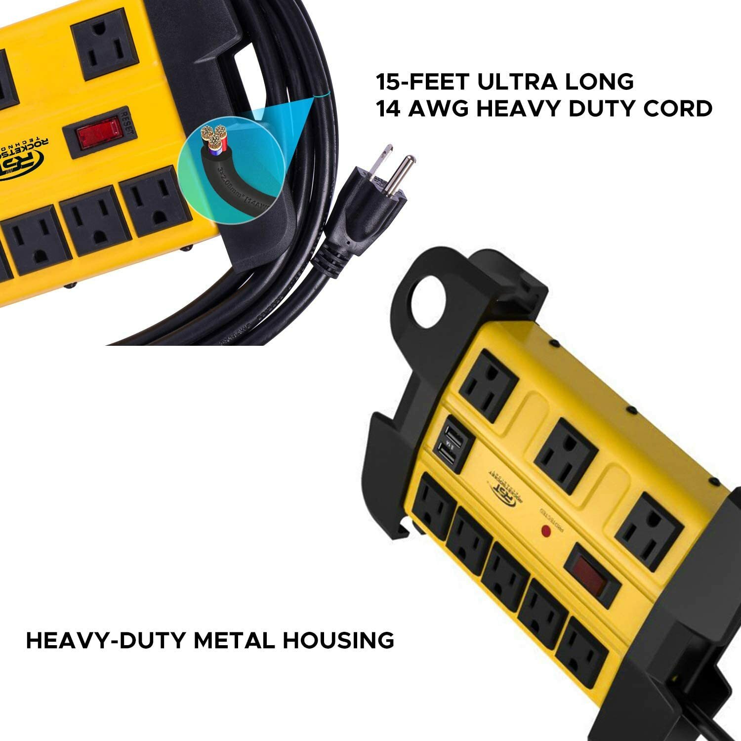 CRST 8 Outlets Heavy Duty Power Strip With 2 USB 1350J Surge Protector 15FT Cord gallery