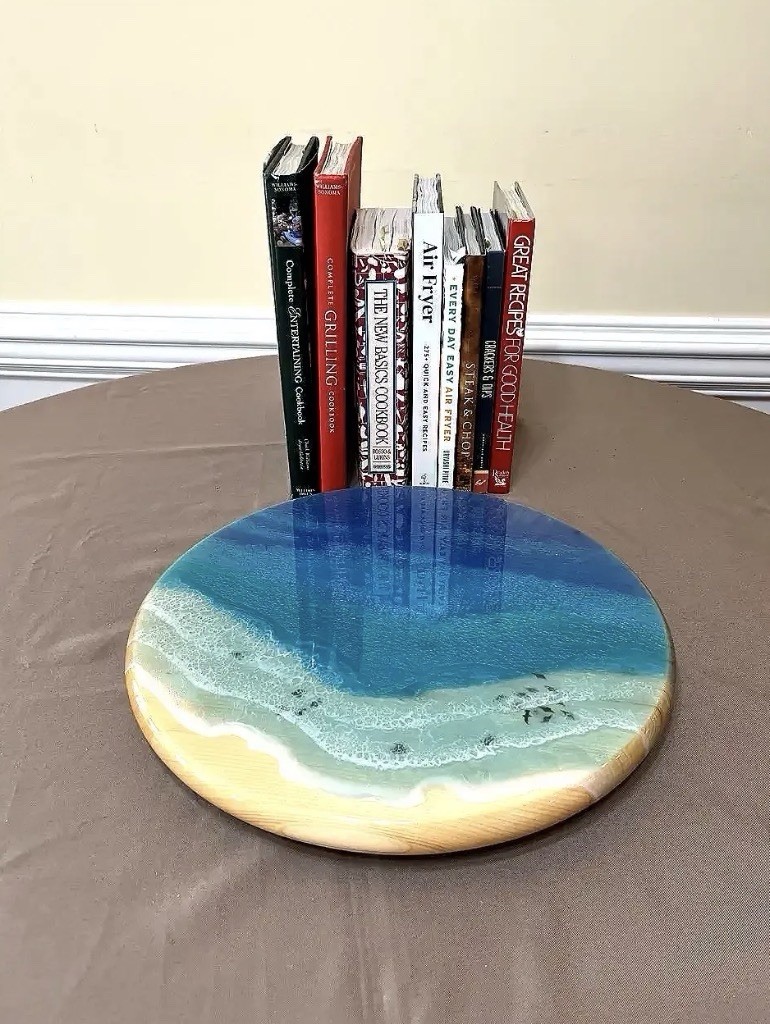 Round Beach Scene Lazy Susan Resin Easy Clean Blue Beige White gallery