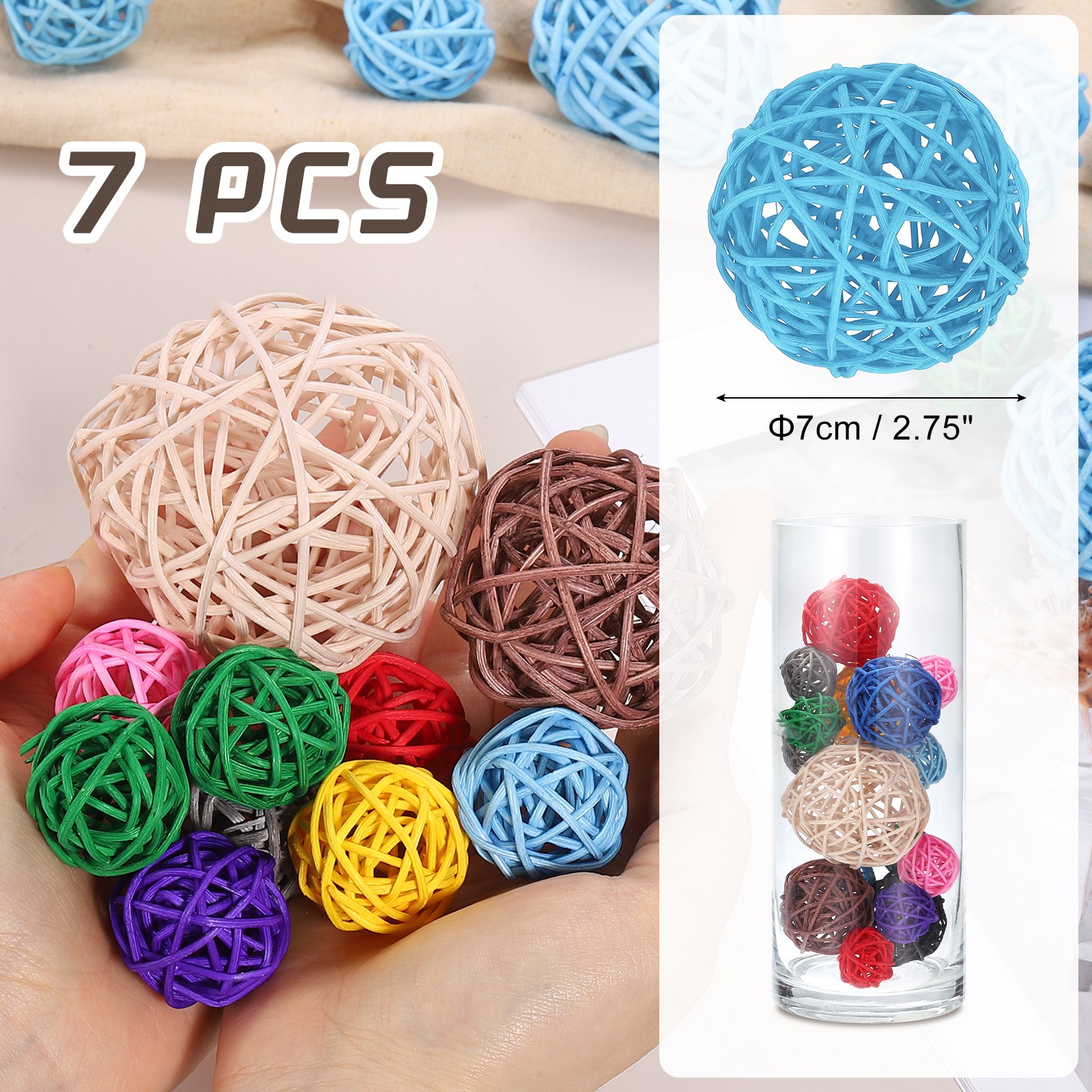 7Pcs Wicker Rattan Balls, 2.75 in Dia Rattan Decorative Balls, Sky Blue gallery