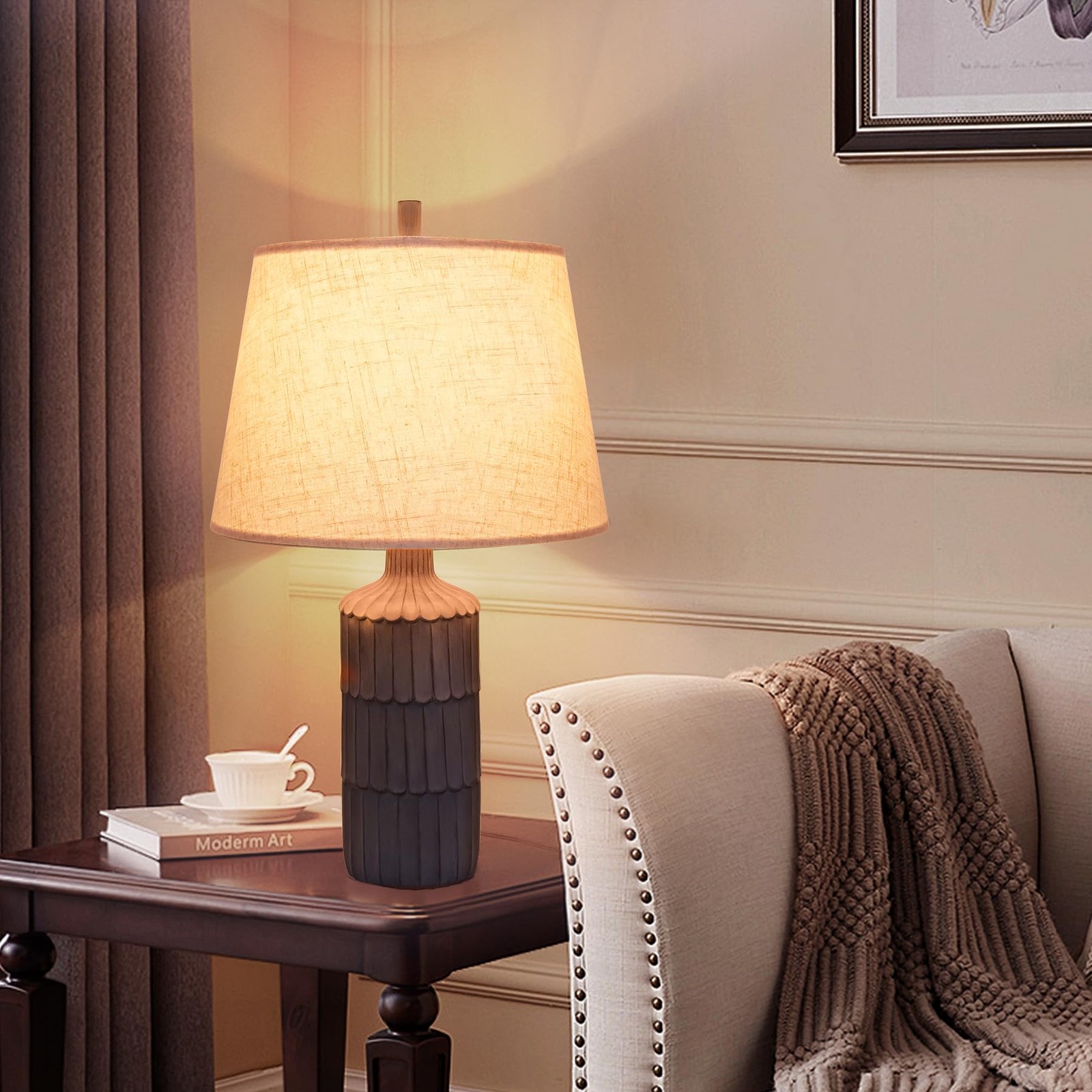 27" Rustic Grey Table Lamp, Farmhouse Desk Lamp with Linen Beige Fabric Shade an gallery