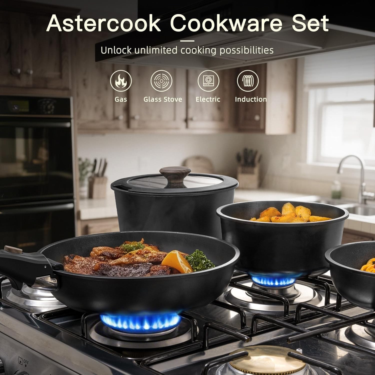 Astercook 21pc Nonstick Ceramic Set, Detach Handle, Stackable, Oven/Ind, Black gallery
