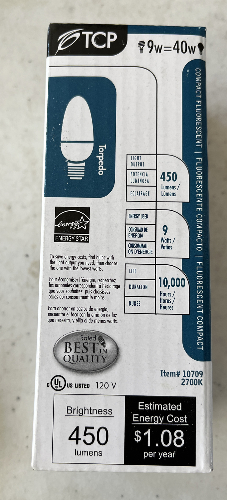 [3 Pack]TCP #10709 Torpedo 9W - (40W Equivalent) CFL E-26 Base Bulbs gallery
