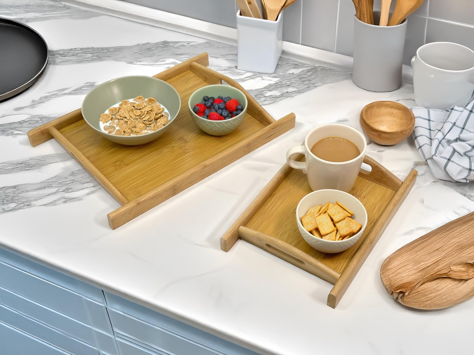 Natural Bamboo Serving Tray with Handles and Stylized Accents 11" x 9" x 1.8" gallery