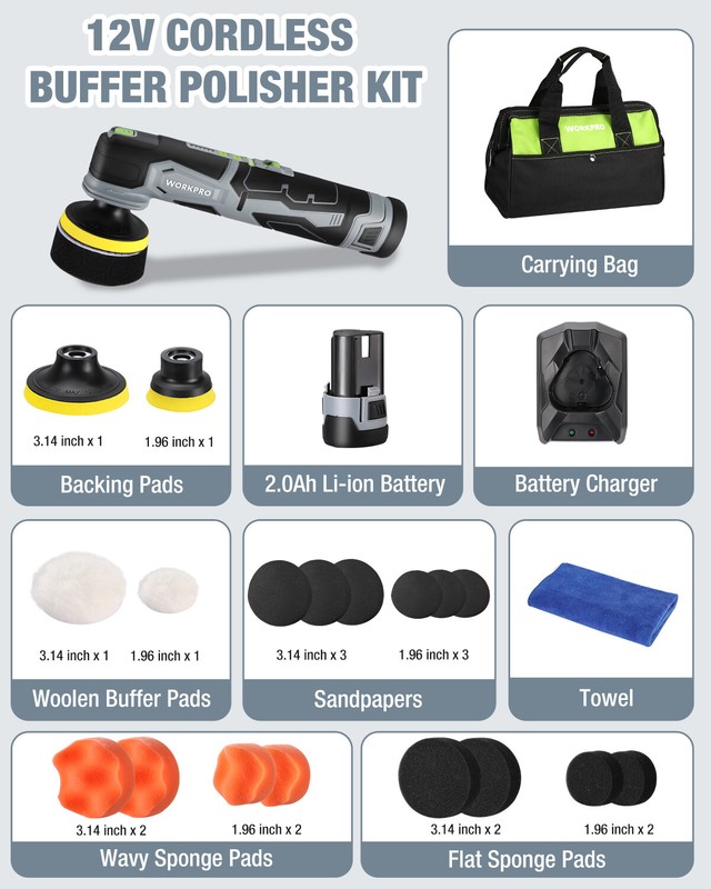 WORKPRO 12V Cordless Mini Buffer Polisher Kit 600-3000RPM 5 Variable Speed w/Bag gallery