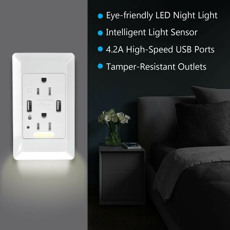 Electrical Dual USB Wall Outlet with LED Night Light Tamper Resistant Receptacle gallery