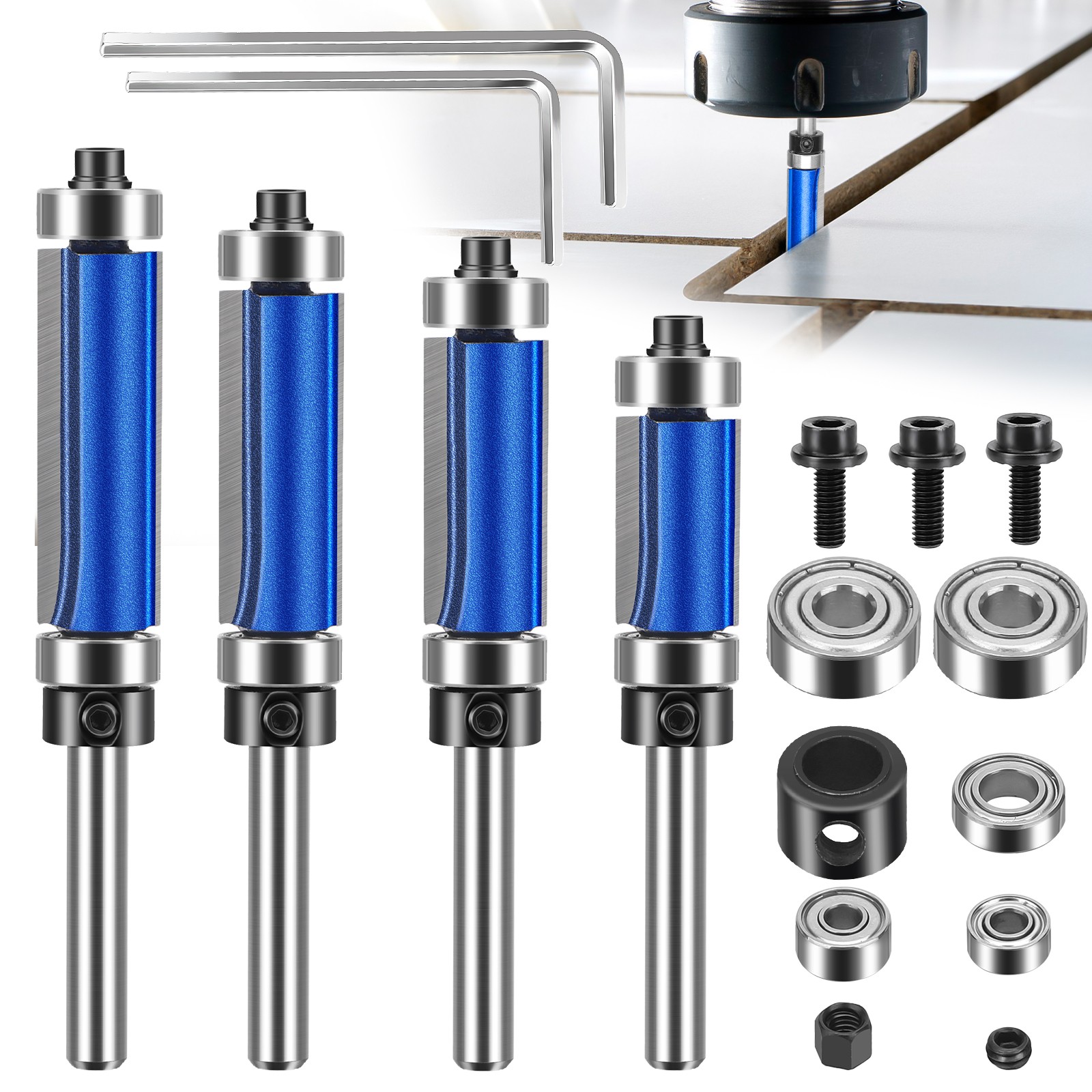 4x Carbide Flush Trim Router Bits 1/4" Shank 1/2" Cutting Dia Top Bottom Bearing gallery